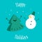 Fun Christmas tree with snowman. Happy Holidays. Greeting card. Vector illustration