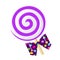 Fun cute cartoon purple lollipop with bow. Vector illustration