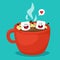 Fun and cute marshmallows in a mug with hot chocolate. Vector illustration in cartoon style.