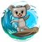 Fun cute Mouse goes in for sports on the water. Summer vacation in tropic ocean. Adventure and travel on wave. Surf