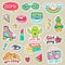 Fun fashion teenage stickers. Cute cartoons patches for teenager. Sticker pack vector illustration set