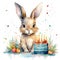 Fun festive bunny with party hat, party flags and confetti falling. Watercolor illustration of Animal birthday background concept