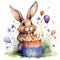 Fun festive bunny with party hat, party flags and confetti falling. Watercolor illustration of Animal birthday background concept