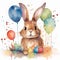 Fun festive bunny with party hat, party flags and confetti falling. Watercolor illustration of Animal birthday background concept