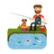 Fun fisherman catches fish. Fishing rod. Cartoon flat style. Vector illustration