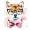 Fun and Fluffy: A Shiba Inu Puppy in Watercolor with a Headband Bandana and Glasses that Brings AI Generated