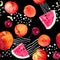 Fun fruit motif with apricot, peach, cherry, watermelon - summer fruits. Seamless pattern with random lines and dots -