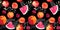 Fun fruit motif. Mix of summer fruits - apricot, peach, cherry, watermelon. Repeating pattern with lines and dots -