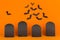 Fun halloween orange background with blank labels and bats flock, mock up.