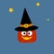 Fun Halloween pumpkin in the witch hat under the stars. Halloween card in flat design. Vector cartoon illustration