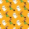 Fun Halloween seamless pattern background with flying spooky ghosts, and witches on broomsticks