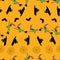 Fun Halloween seamless pattern background with witches on broomsticks,flying bats, and spiderwebs.