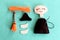 Fun Halloween sewing project for kids. Join the pieces of felt witch using a simple running stitch. Step. Closeup. Top view