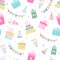 Fun hand drawn party seamless background with cakes, gift boxes, balloons and party decoration. Great for birthday parties,
