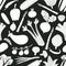 Fun hand drawn vegetables seamless pattern. Black and white graphic. Vegetables background. Linocut style. Healthy food. Vector