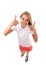 Fun high angle full body portrait of teenage girl shows thumb up gesture,isolated