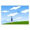 Fun hobby activity, happy leisure with sky kite at wind, vector illustration. Cute boy girl child play with flying toy