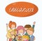 Fun kids illustration. Girls and boys watching, smiling, hugging, waving hand to spectator.