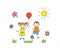 Fun kids play outdoors. Cute doodle boy with ball and girl with balloon
