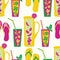 Fun lemonade pitcher, glass, flip flop vector seamless pattern background. Tropical color backdrop with jugs, drinks