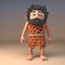 Fun loving caveman savage character in animal pelt stands peacefully and still, 3d illustration