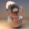 Fun loving caveman savage character plays hide and seek in old dinosaur eggshell, 3d illustration