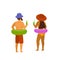 Fun man and woman on beach vacation stand with float drink beer and cocktail, backside view