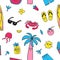 Fun multicolored seamless pattern with palm tree, crab, sunglasses, shorts, fruits.