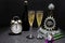 Fun New Yearâ€™s Eve Holiday Champagne With Hats, Glitter, Confetti, Clock & Noisemakers