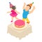 Fun people icon isometric vector. Dancing guy and girl near fruit cake on table