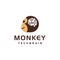 Fun playful minimalist monkey head with digital connection circuit brain logo icon vector