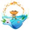 Fun red cat in striped vest swim in sea. Tropical sea summer paradise stingray and goldfish