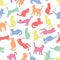 Fun seamless background with multi-colored silhouettes of cats on a white background