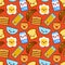 Fun seamless pattern Funny characters breakfast toasts bread, milk, fried egg cute food and drink in kawaii style with