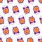 Fun seamless pattern with oranges and alarm clocks. Breakfast time. Wake up. Good morning.