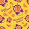 Fun seamless pattern with oranges and alarm clocks. Breakfast time. Wake up. Good morning.