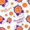 Fun seamless pattern with oranges and alarm clocks. Breakfast time. Wake up. Good morning.