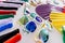 Fun set of fans and sunglasses of many colors for parties in summer