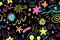 Fun shapes children seamless pattern. Flower geometric neon bright color funky groovy 90s cartoon isolated print pattern