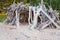 Fun Shelter On The Beach Made Of Driftwood And Palm Leaves