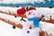 Fun toy snowman outdoors snowy bench