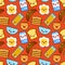 Fun vector seamless pattern Funny characters breakfast vector toasts bread, milk, fried egg cute food and drink in