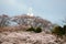 Funaoka Peace Kannon and cherry trees on the mountaintop of Funaoka Castle Ruin Park,Shibata,Miyagi,Tohoku,Japan.