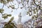 Funaoka Peace Kannon,white magnolia flowers,and cherry trees on the mountaintop of Funaoka Castle Ruin Park,Shibata,Tohoku,Japan.