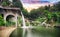 Funchal - Madeira, Monte Tropical Gardens with view of palace on lake at sunset, Portugal