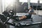 Functional Training. Man Doing Exercise On Rowing Machine At Gym