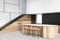 Functional white, black, wooden kitchen, stairs