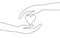 Fundraising giving heart symbol money hand. Continuous one line draw sketch art. Charity volunteer giving donate social