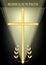 Funeral decoration with simple golden cross and laurel branches, luxurious burial decoration on black background with