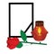 Funeral frame with a black ribbon, a rose in front of it and a burning candle in a lamp. Concept: grief, grief, loss, sorrow,